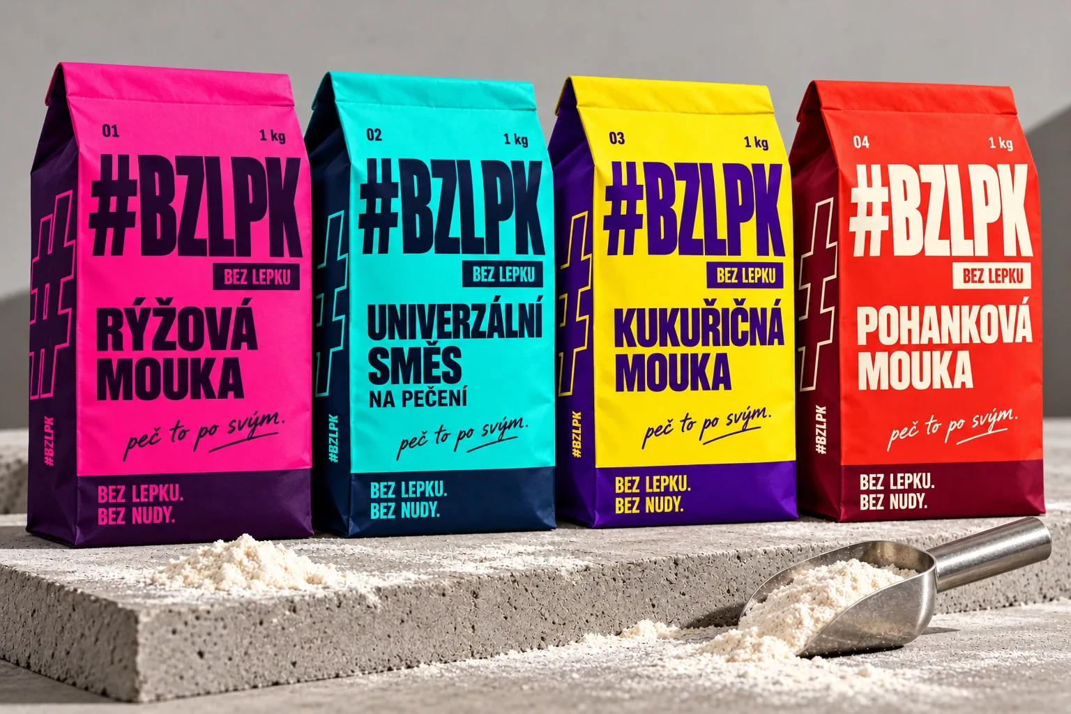 Čtyři papírové sáčky mouk #BZLPK s kopečkem mouky a kovovou lopatkou