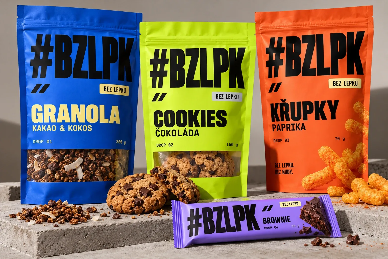 Snacky #BZLPK: granola kakao a kokos, cookies s čokoládou, křupky s paprikou a brownie